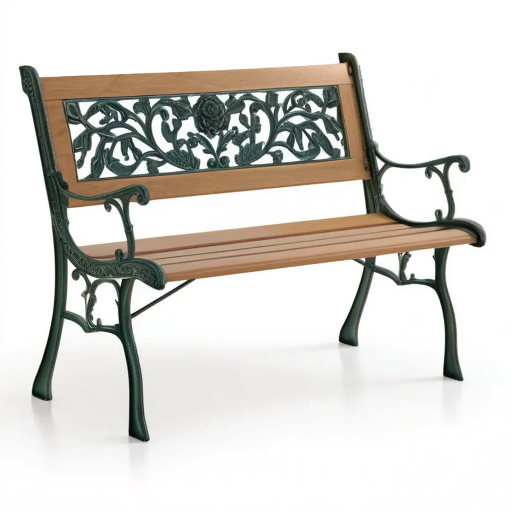 Ławka ogrodowa z litego drewna i żeliwa brązowo-zielona 122 x 59 x 87 cm
