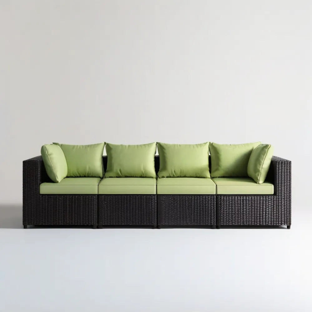 4-osobowa modułowa sofa ogrodowa z technorattanu PE, czarna z jasnozielonymi poduszkami, 240 x 70 x 63 cm