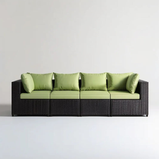 4-osobowa modułowa sofa ogrodowa z technorattanu PE, czarna z jasnozielonymi poduszkami, 240 x 70 x 63 cm
