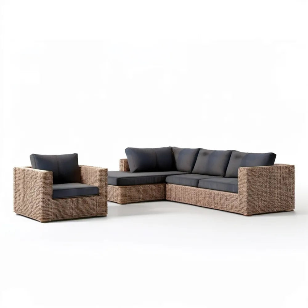 Narożna sofa ogrodowa z fotelem z technorattanu PE, brązowa z grafitowymi poduszkami, 258 × 188 × 78 cm