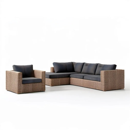 Narożna sofa ogrodowa z fotelem z technorattanu PE, brązowa z grafitowymi poduszkami, 258 × 188 × 78 cm