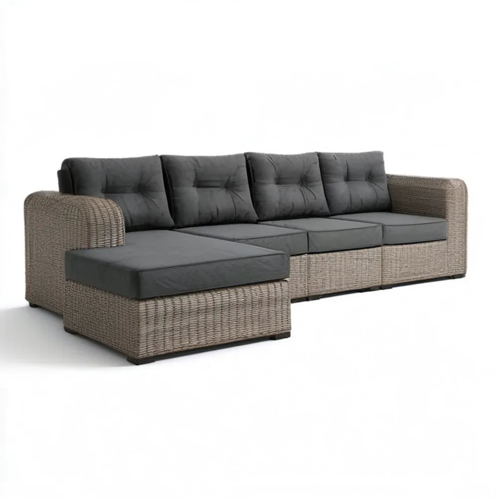 Lewostronna narożna sofa ogrodowa 4-osobowa z technorattanu, szarobrązowa/ciemnoszara, 280 x 160 x 65 cm
