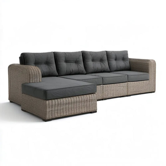 Lewostronna narożna sofa ogrodowa 4-osobowa z technorattanu, szarobrązowa/ciemnoszara, 280 x 160 x 65 cm