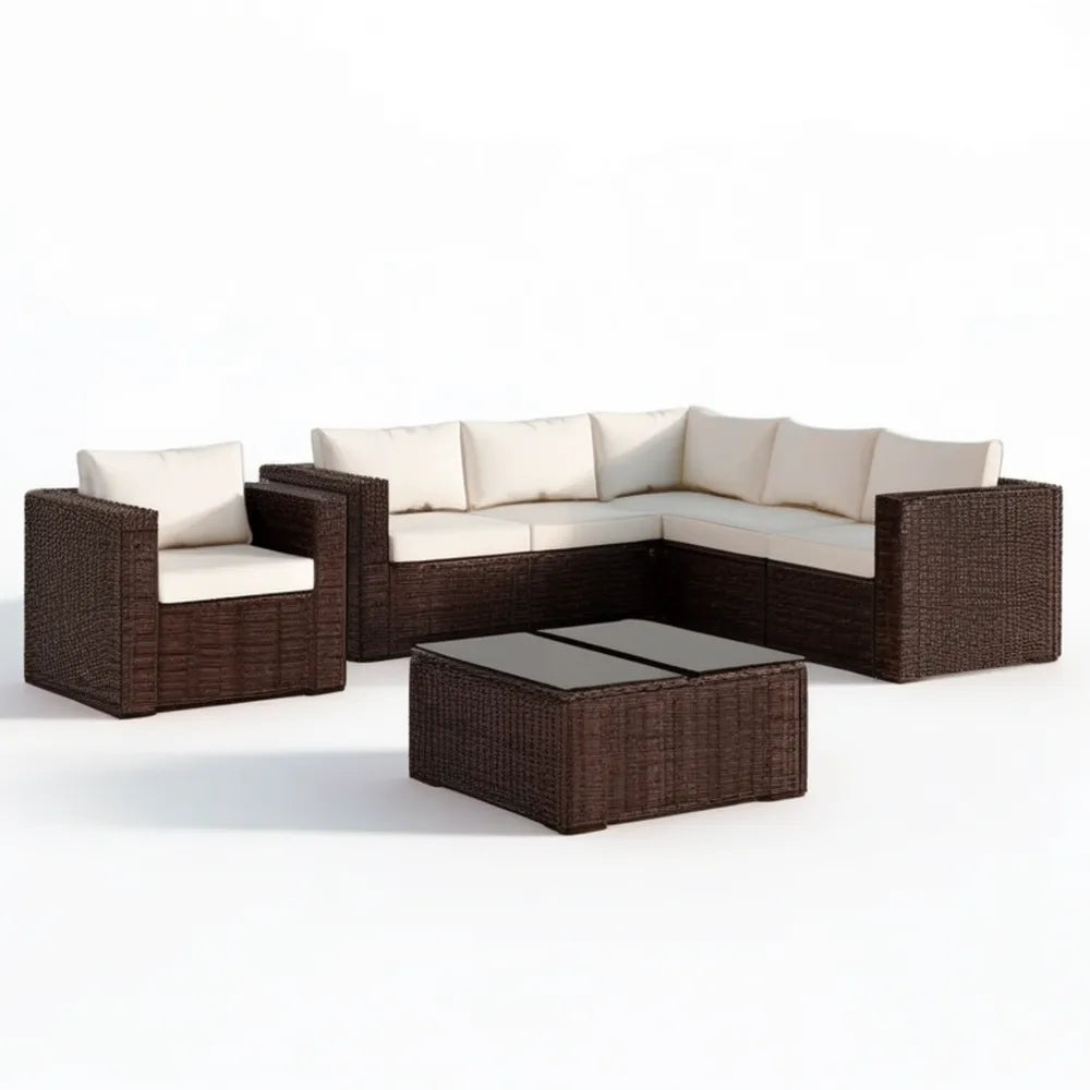 Modułowy narożnik z technorattanu PE z fotelem i stolikiem 215 × 160 × 65 cm, ciemnobrązowy/kremowy/czarny