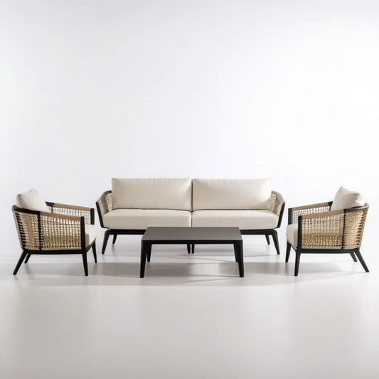 4-częściowy komplet wypoczynkowy z aluminium i plecionki poliestrowej, czarny/beżowy/kremowy, sofa 160 x 75 x 75 cm