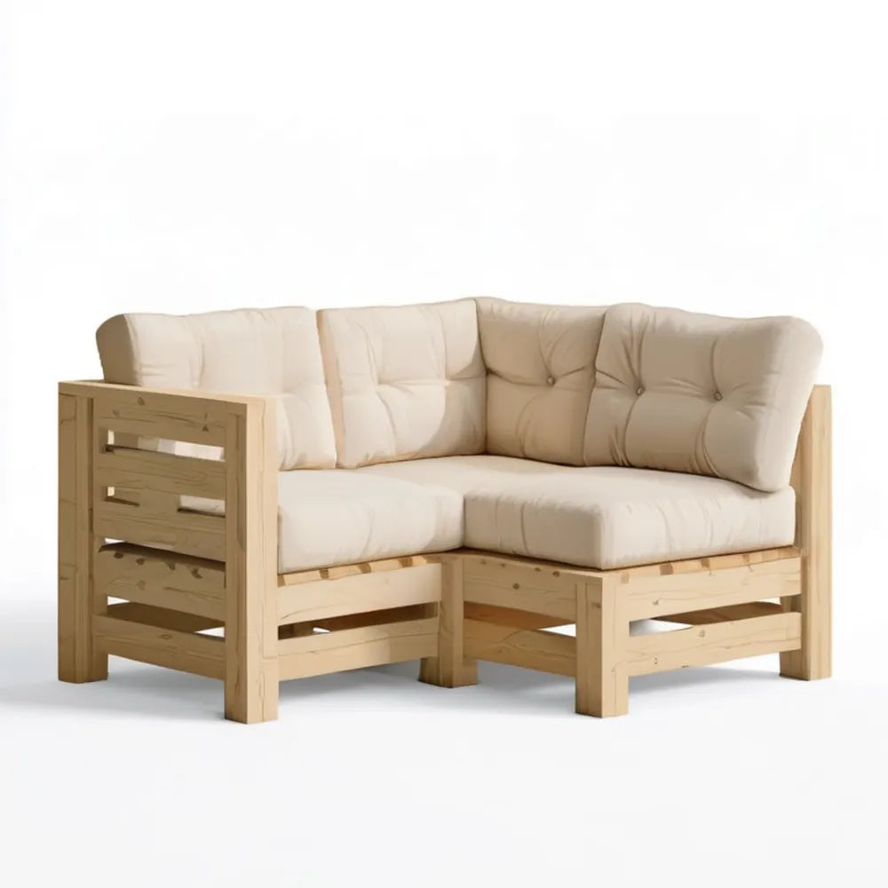 Narożna sofa ogrodowa 2-osobowa z litego drewna sosnowego, naturalna i beżowa, 150 x 150 x 80 cm