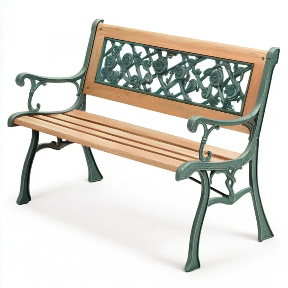 Dwuosobowa ławka ogrodowa z litego drewna i żeliwa, naturalna jasnobrązowa/ciemnozielona, 122 x 56 x 87 cm