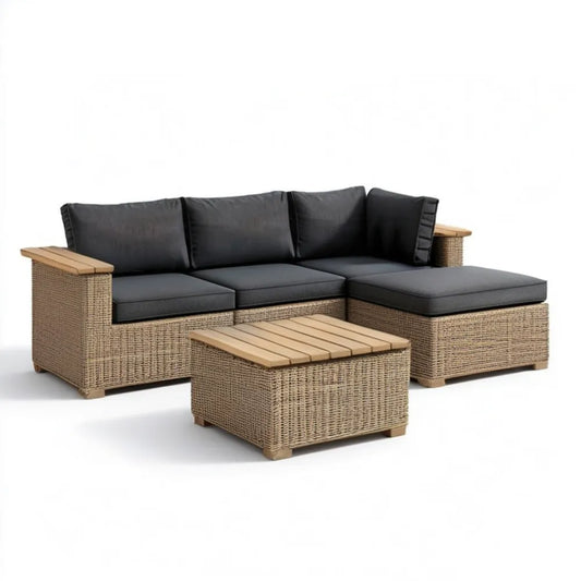 Ogrodowy zestaw narożny z technorattanu 205 x 145 x 65 cm ze stolikiem, beżowy/czarny/naturalny brąz
