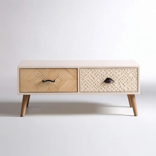 Beżowy stolik kawowy z 2 szufladami, frontem z forniru dębowego i rattanu, 120 x 40 x 50 cm