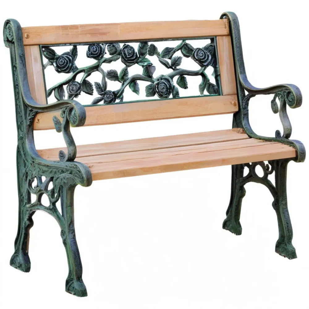 Dwuosobowa ławka ogrodowa z żeliwa i litego drewna sosnowego, zielono-naturalna, 120 x 60 x 75 cm