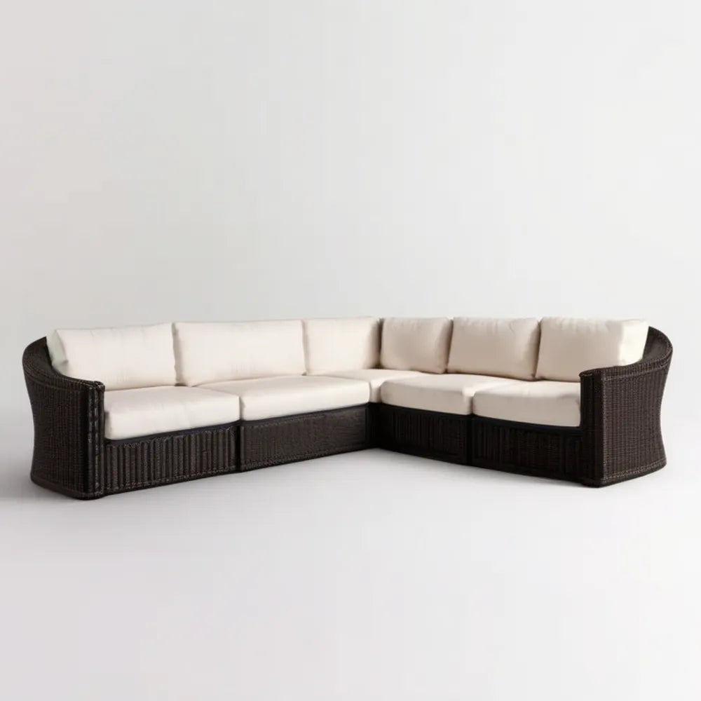 5-osobowa narożna sofa ogrodowa z technorattanu, ciemnobrązowa/kremowa, 280 x 220 x 85 cm