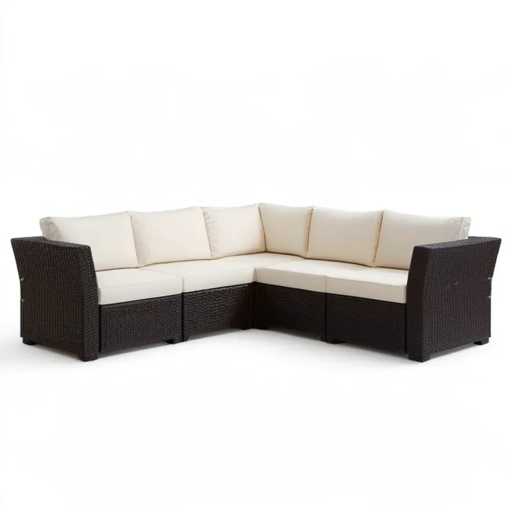 Narożna sofa ogrodowa z rattanu PE, brązowa/kremowa, 220 x 220 x 65 cm