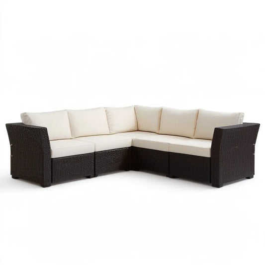 Narożna sofa ogrodowa z rattanu PE, brązowa/kremowa, 220 x 220 x 65 cm