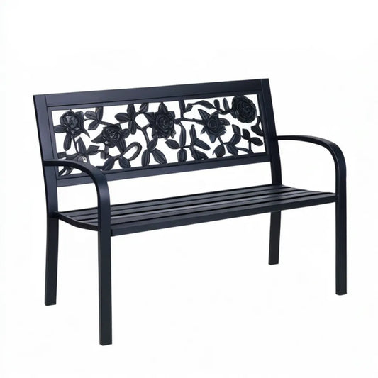 Czarna aluminiowa ławka ogrodowa z motywem róż 122 x 56 x 90 cm