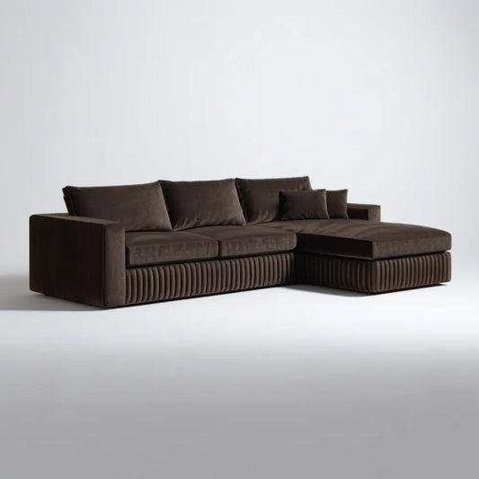 Brązowa sofa narożna prawostronna z szezlongiem, welur poliestrowy, 280 × 170 × 78 cm
