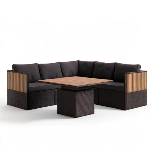 Ogrodowy zestaw narożny z technorattanu Czarny/Brązowy 240 x 180 cm ze stołem 120 x 60 cm